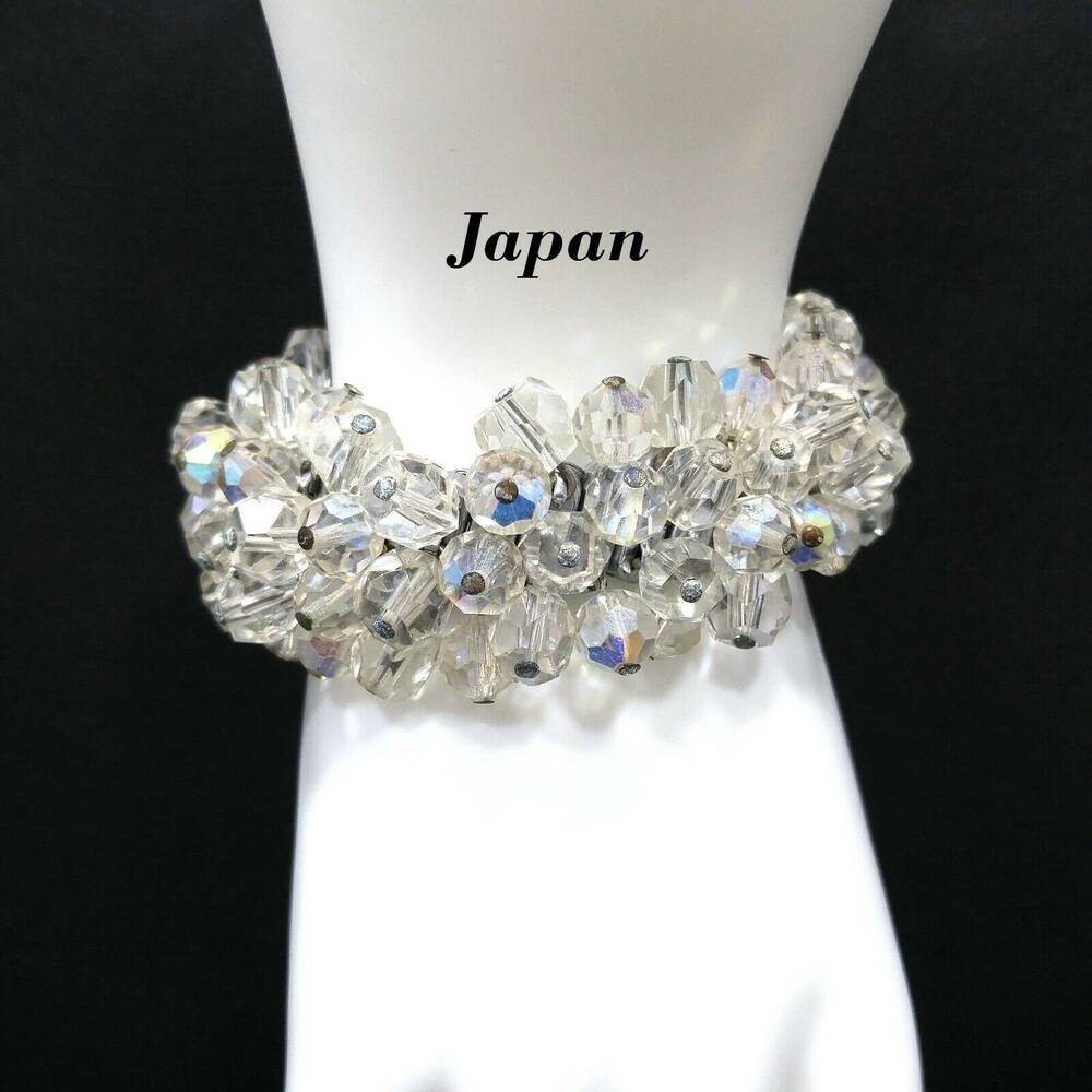 Vintage Japan Expandable Bracelet, Clear Crystal Beads, Cha Cha, 1960s
